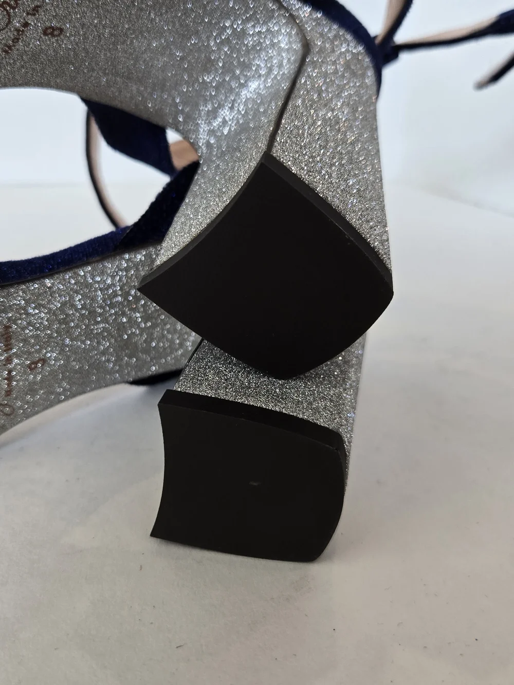 J. Crew Harlow Navy Velvet Ankle-Strap Block Heels Silver Glitter Heel